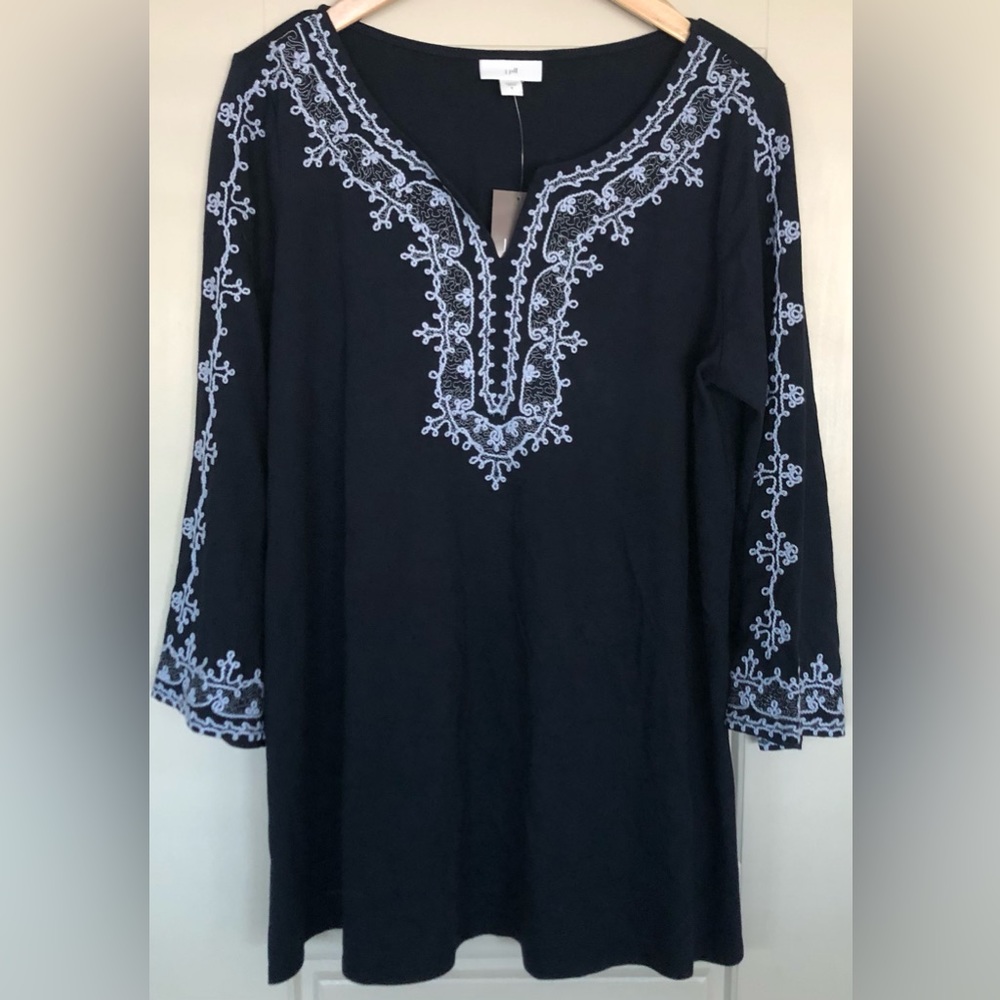 NEW J Jill Navy Blue Embroidered Split Neckline Bell 3/4” Sleeve Modal Tunic Top
